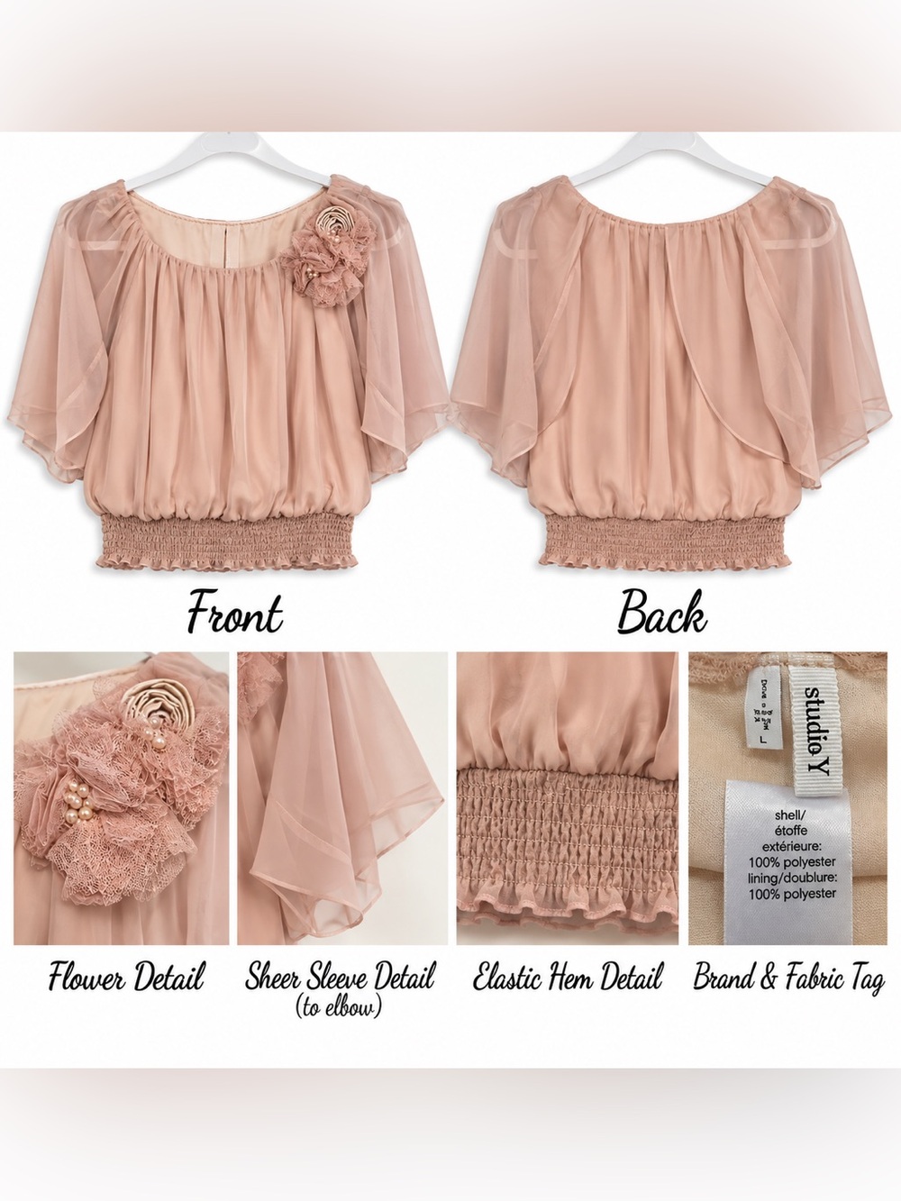 Elegant Blush Pink Chiffon Blouse with Floral Detail